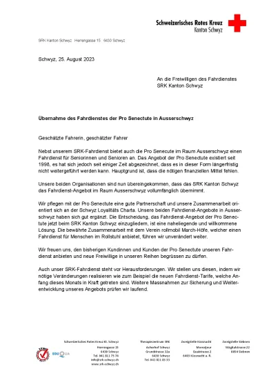 Infobrief Übernahme Fahrdienst Pro Senectute