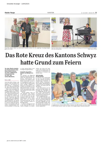 Bericht über Jubiläums-Vereinsversammlung, im «Einsiedler Anzeiger» vom 13.06.2025